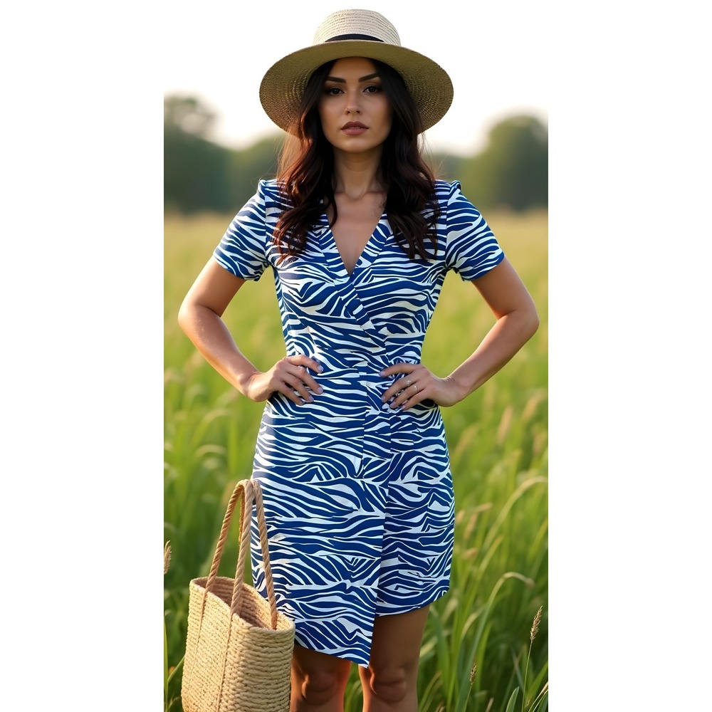 Jude Connally Midi Wrap Dress Blue White Tiger Stripped Pattern Nylon Spandex XS